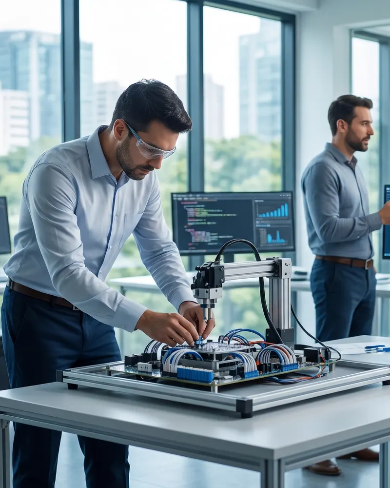 AJ Systems & LAB team assembling a robotics prototype next to development workstations and laboratory equipment